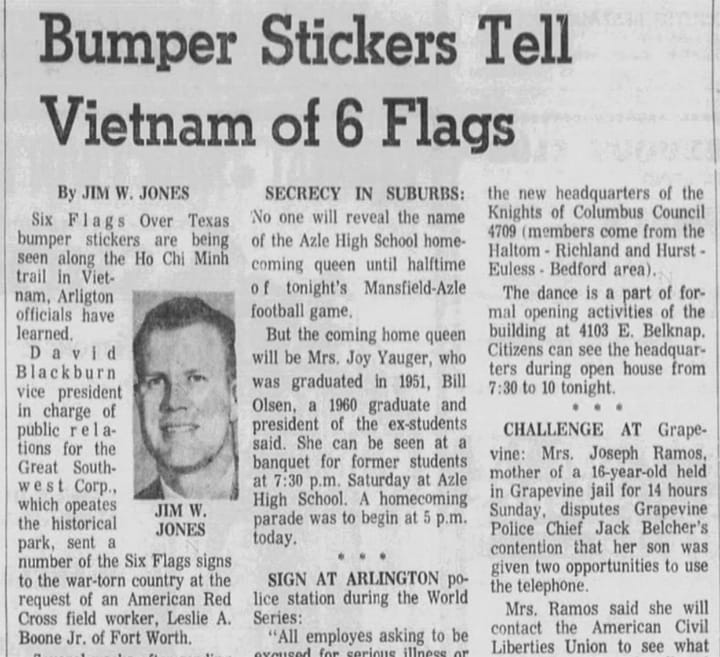 Newspaper headline: Bumper Stickers Tell Vietnam of 6 Flags