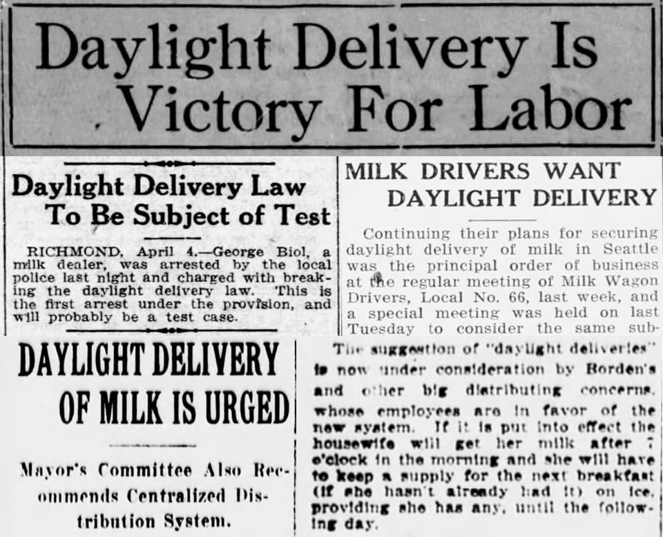 Newspaper headlines about the implementation of "daylight delivery" for milkmen.