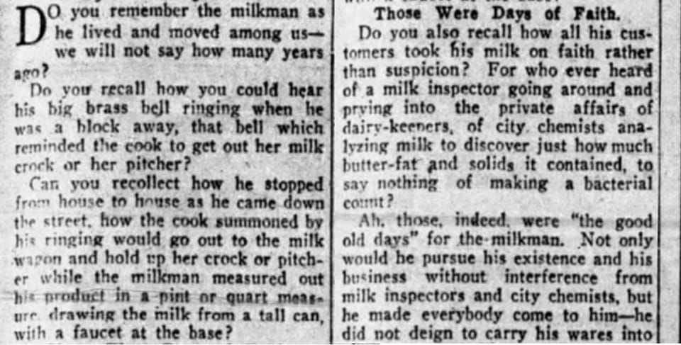 A newspaper story reminiscing about more pleasant "good old days" of the milkman.