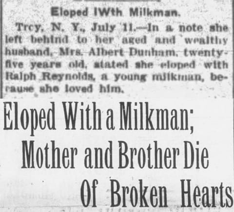 Two newspaper clips: one about a couple in love, and the other an elopement that leaves behind family members who "die of broken hearts"