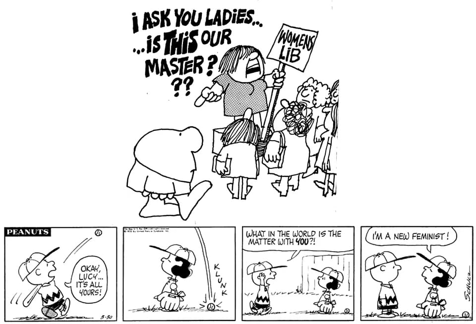 A collage of Ziggy and Peanuts strips where Ziggy and Charlie Brown confront 1970s feminists.