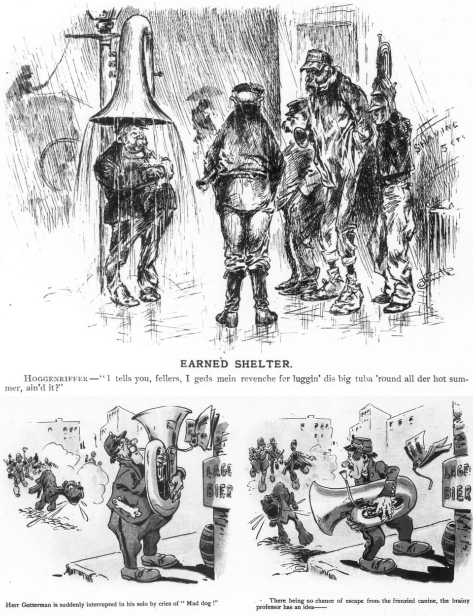 Two comics depicting fat German tuba players.
