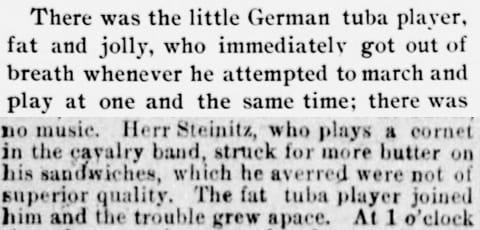 Two newspaper clips from the 1890s describing fat German tuba players.