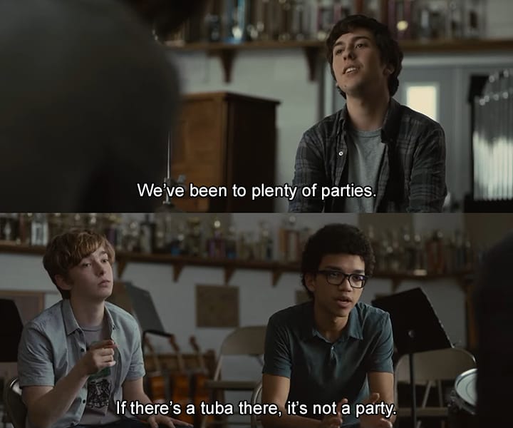 Screencaps of Paper Towns. "We've been to plenty of parties." "If there's a tuba there, it's not a party."