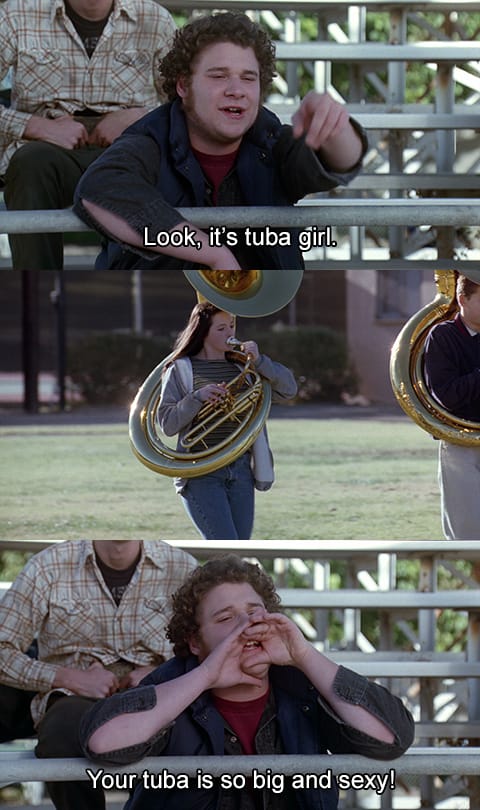 Images from Freaks and Geeks. Ken teases "tuba girl" for her "big and sexy" tuba.