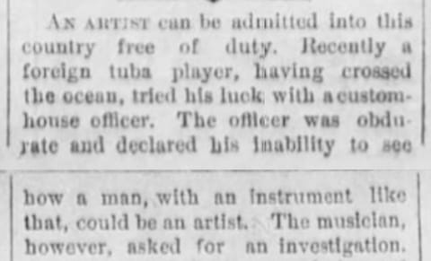 Newspaper clip of a tuba player detained at customs.