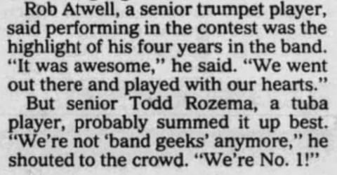 Newspaper story with quote from tuba player: "We're number 1!"
