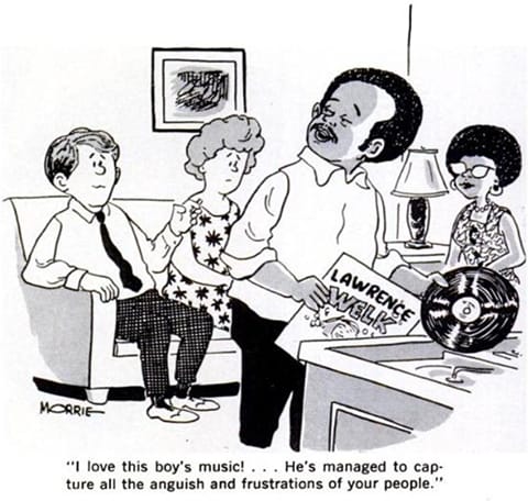 A black couple playing a Lawrence Welk record for a white couple. "I love this boy's music...He's managed to capture all the anguish and frustrations of your people."