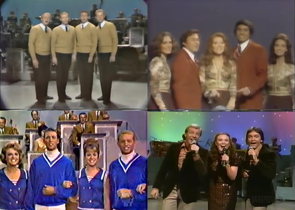 A collage of clean-cut white performers on The Lawrence Welk Show.