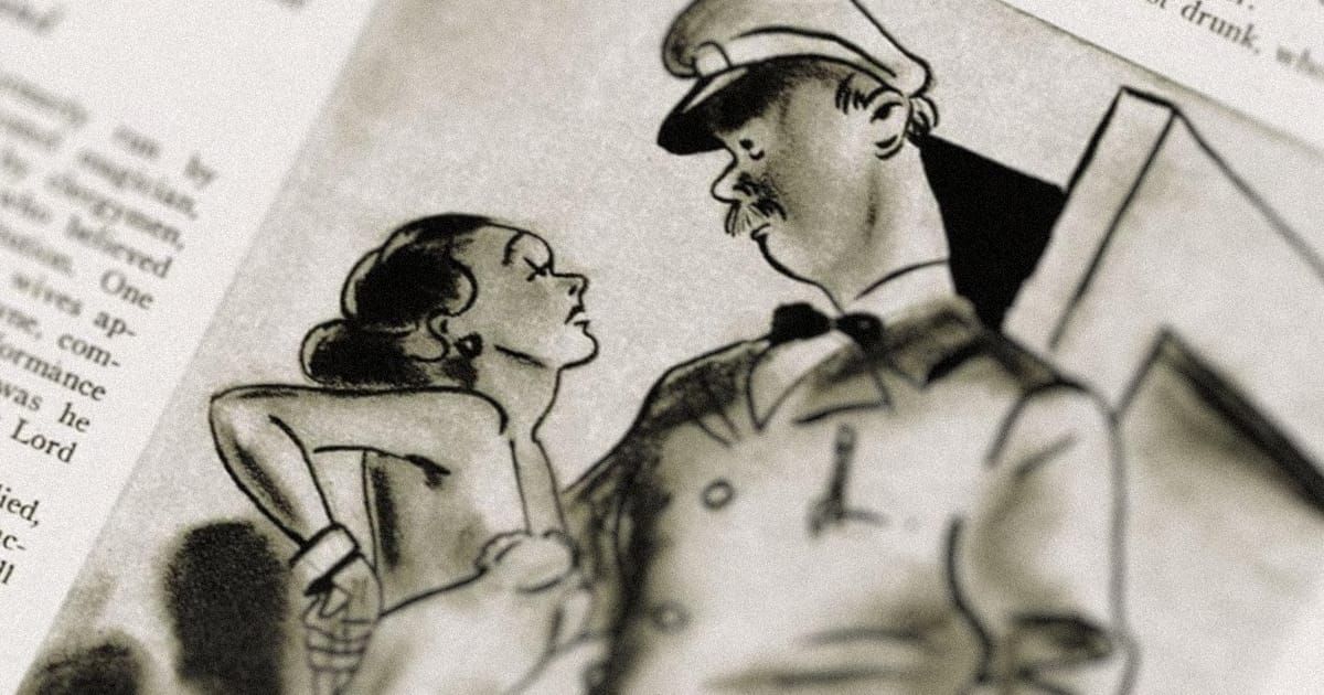 Illustration of a woman being held by a milkman.