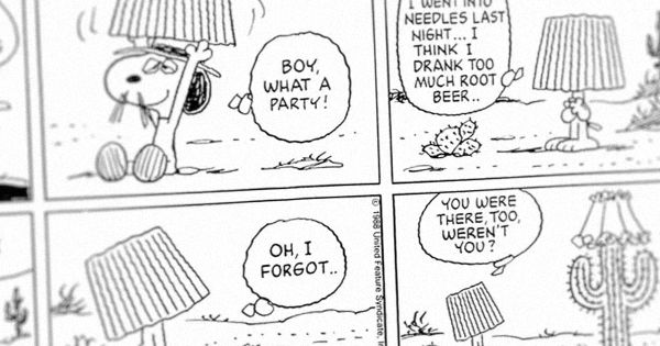 A Peanuts strip where Spike wakes up after a party with a lampshade on his head.