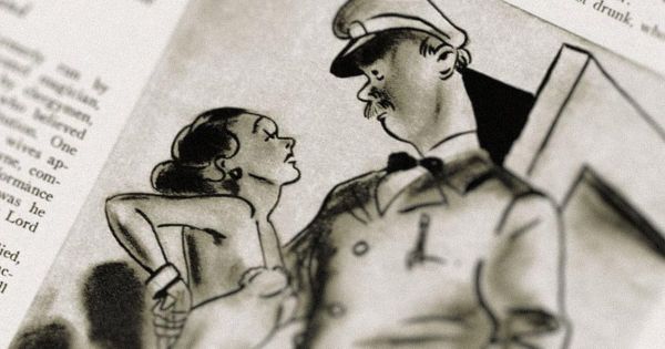 Illustration of a woman being held by a milkman.