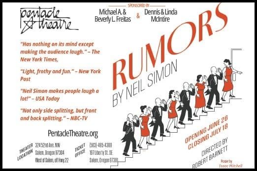 Neil Simon’s Rumors, Opens June 26 at Pentacle Theatre