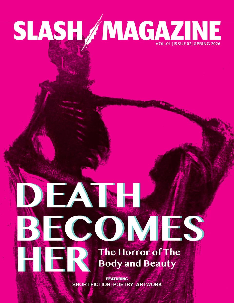 The front cover of Slash Magazine's new issue, "Death Becomes Her", featuring a reworked image of Franz Fiedler's "Narre Tod Mein Speilgesell"