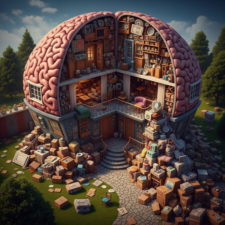 A cluttered house shaped like a brain.