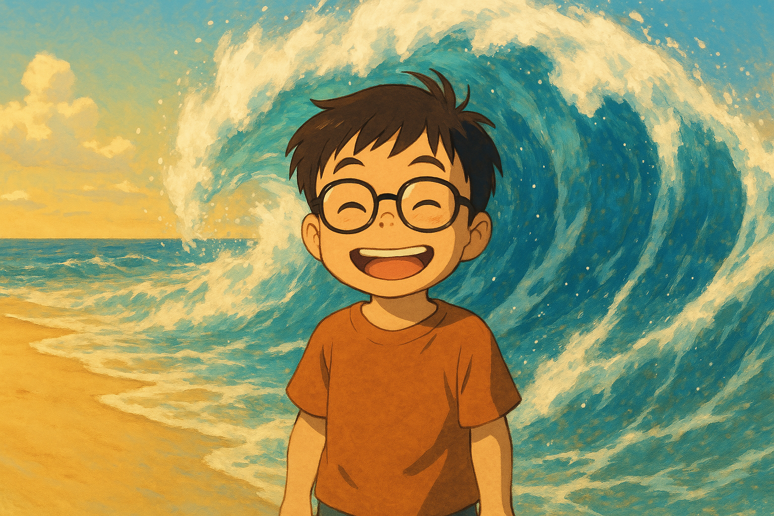 A picture of a cute little Asian boy with glasses who's smiling and facing the viewer at a beautiful golden beach, but he's about to be slammed by a large wave. Studio Ghibli style.