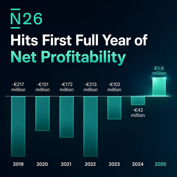 Bar chart showing N26's annual net results from 2019–2025, highlighting its first full year of net profitability in 2025 with €1.6 million profit.