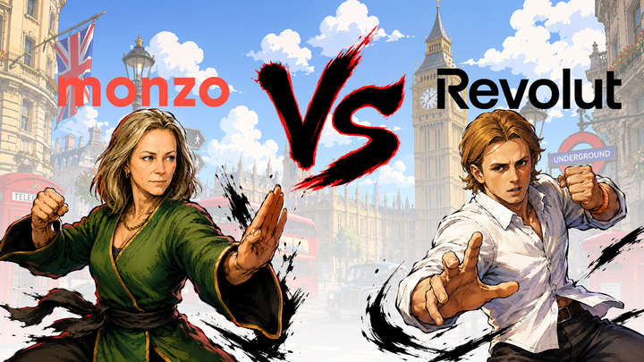 Revolut CEO Nik Storonsky and Monzo CEO Diana Layfield facing off, ready to fight, representing the UK neobank rivalry.