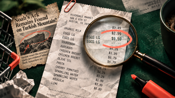 AI-generated editorial illustration: a suspicious grocery receipt, magnified egg prices, and a cryptic Noah’s Ark newspaper clipping.