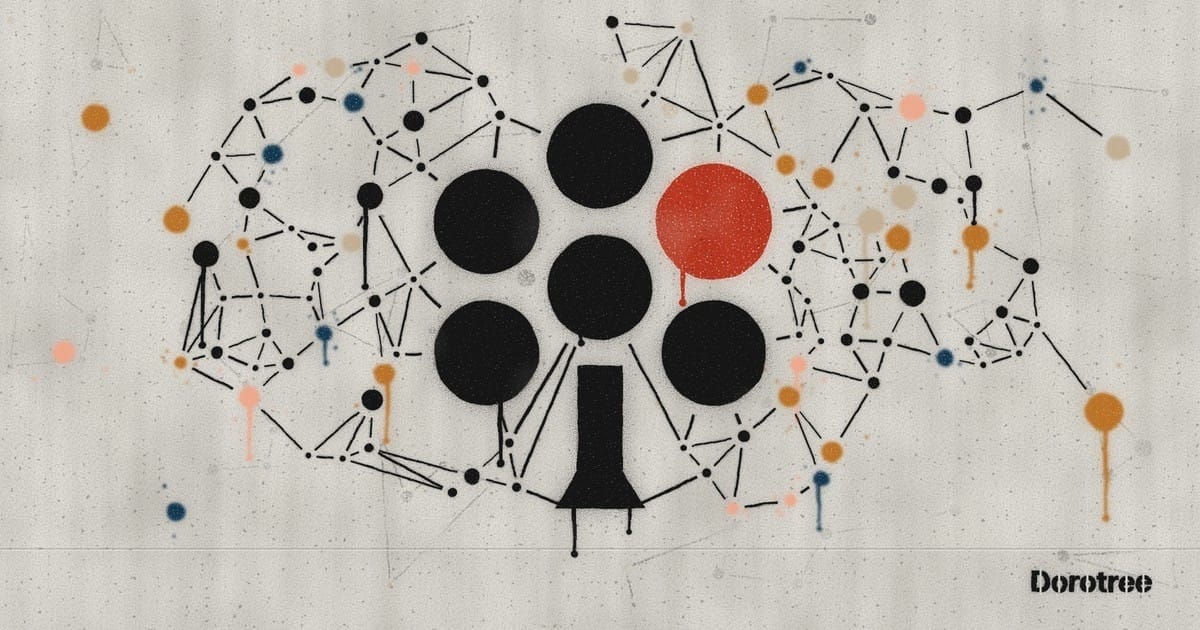 The Dorotree logo as stencil graffiti on concrete: a tree of five black dots and one red dot, surrounded by a network of small dots and lines