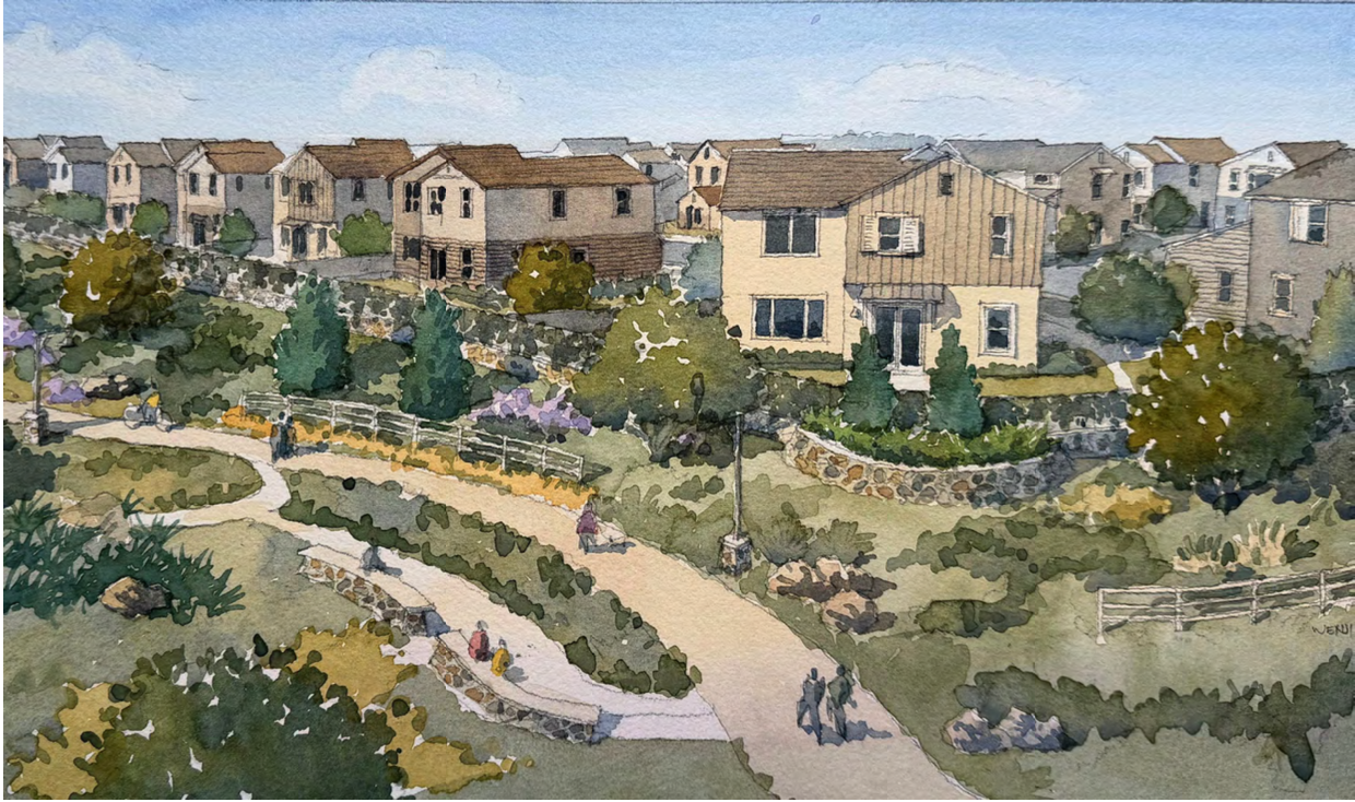 Watercolor illustration of houses flanked by public walkways through landscaping