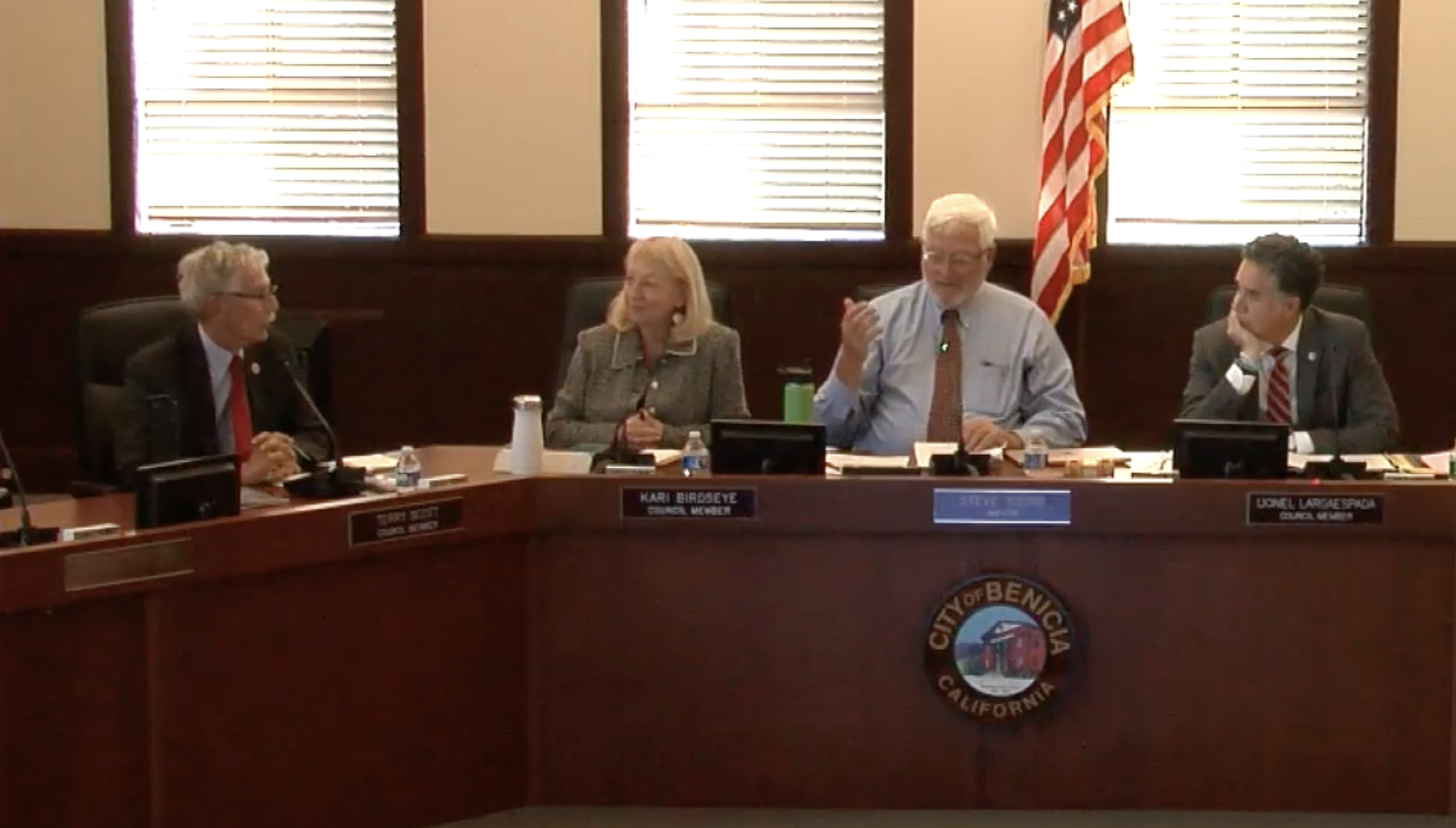 A picture of the Benicia City Council on Aug. 18 with council members at the dias.