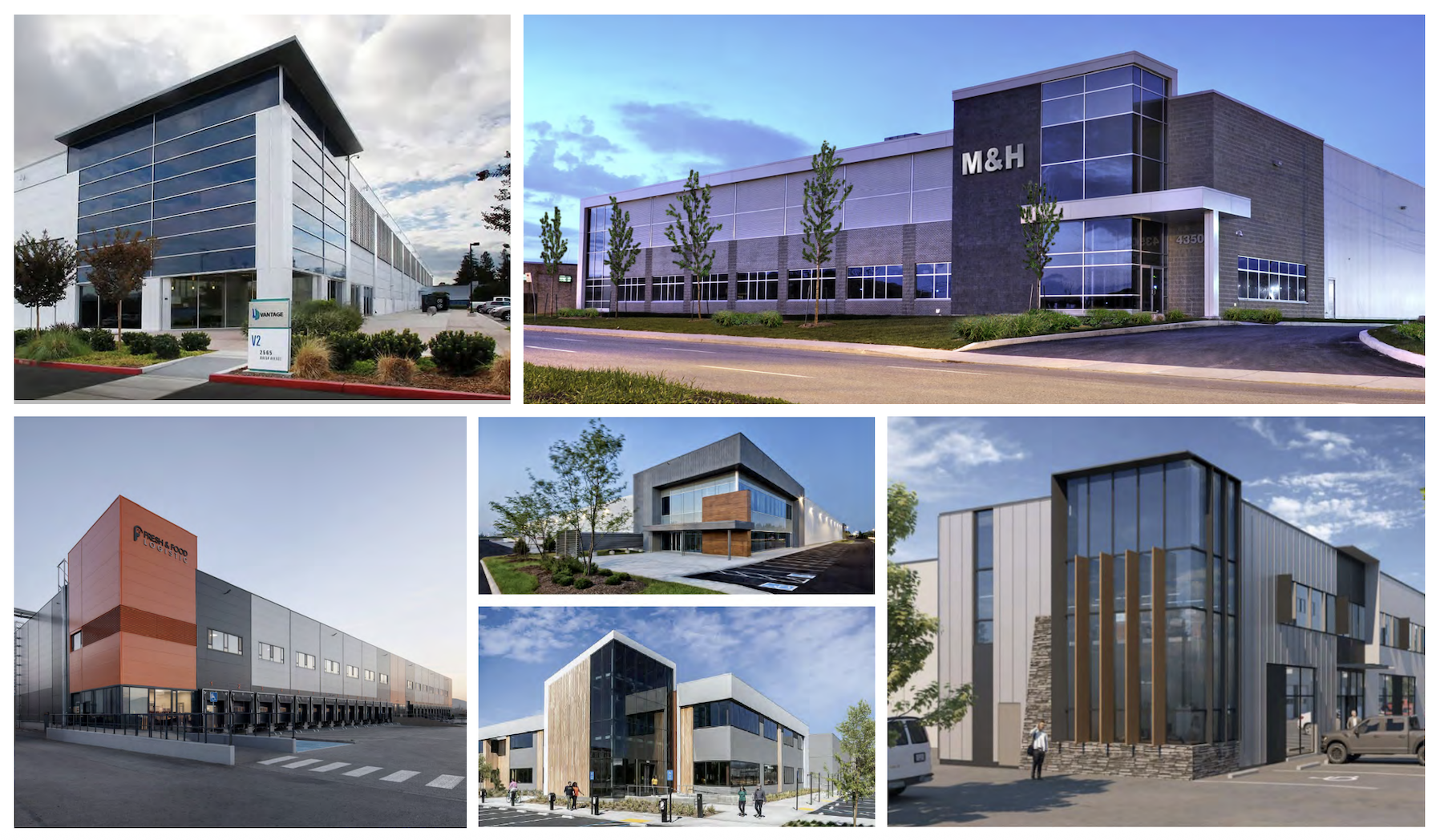 A six-photo collage of modern industrial and business buildings.