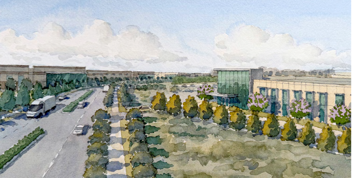 A watercolor-like drawing of treelined streets and warehouses