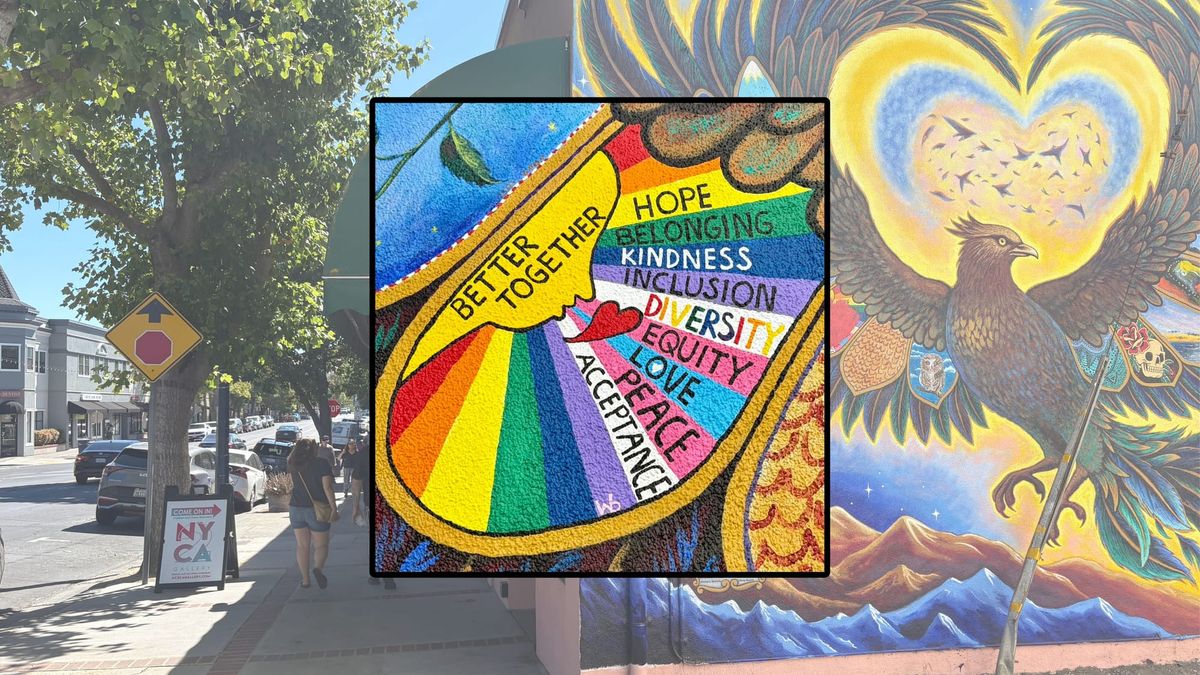 Background photo of street shot of a pheonix in an alley. Superimposed on top is a close shot showing rainbow of colors, with a yellow face, red heart and the words acceptance, peace, equity