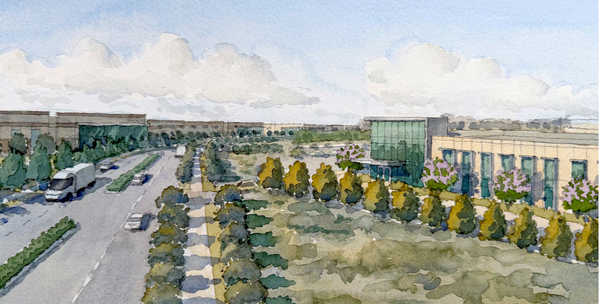 A watercolor-like drawing of treelined streets and warehouses