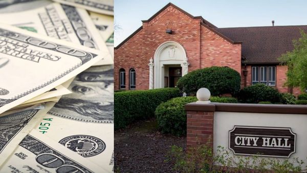 A picture of $100 bills next to a photo of Benicia City Hall. 
