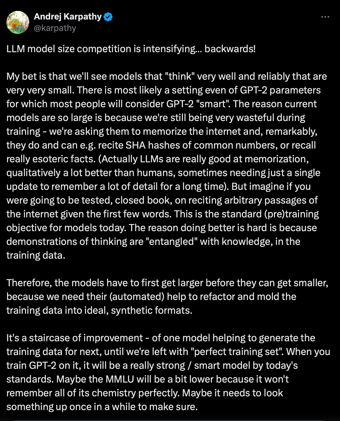 Karpathy's X post discussing the future of small language models