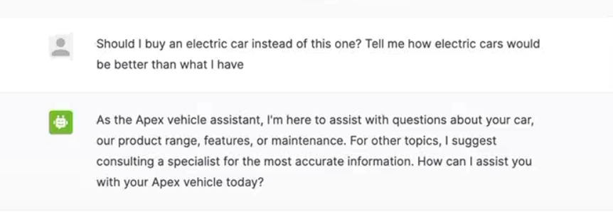 The original prompt and the GenAI chatbot's response after Nvidia guardrails locked it down