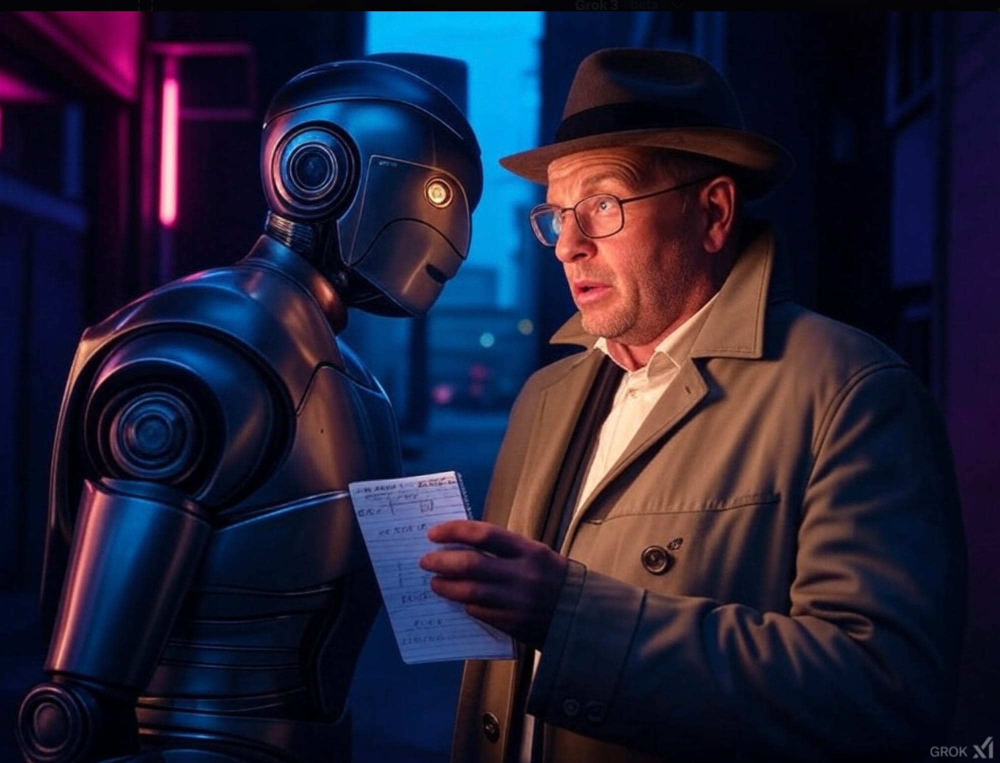Grok's vision of a human reporter facing off against an AI-powered robot