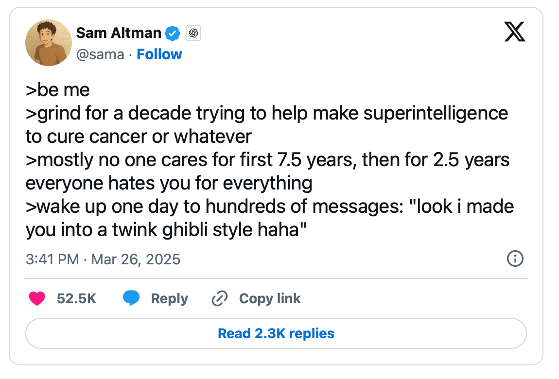 OpenAI boss Sam Altman's reaction to a trend for sharing pics made in the style of anime filmaker Ghibli Studio 