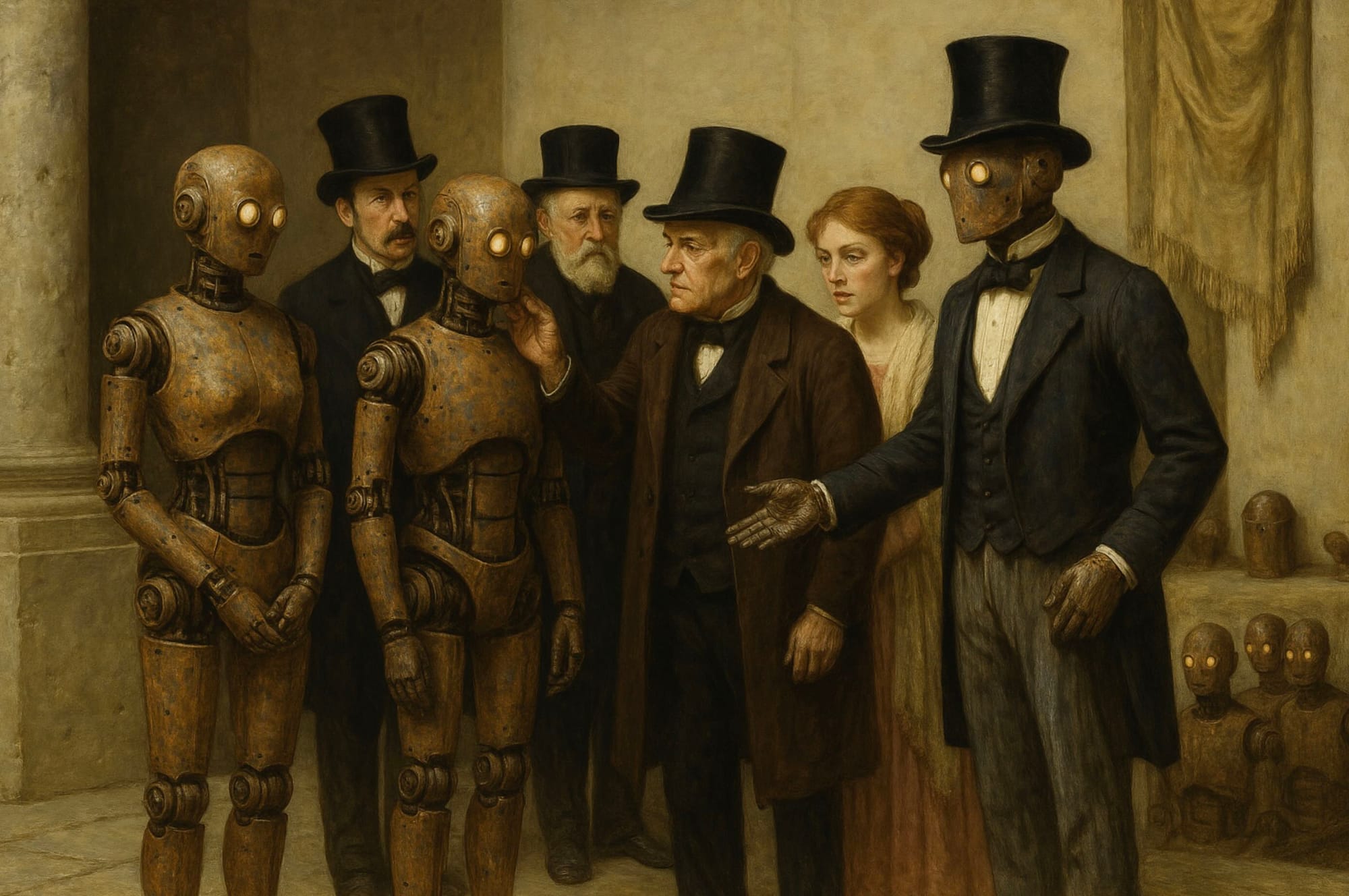 ChatGPT's image of a robot market based on 19th century paintings