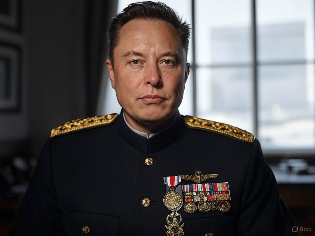 Grok's artificial vision of its creator dressed up like a military dictator