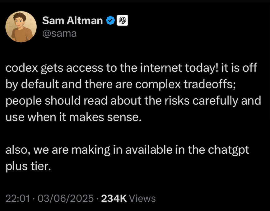 A post which appears to show Altman announcing that Codex would have internet access