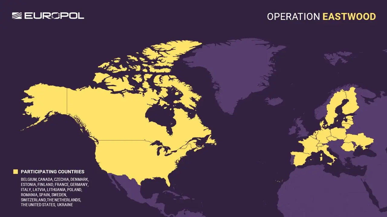 A Europol graphic showing the nations involved in Operation Eastwood, which targeted the pro-Russian group NoName057(16)