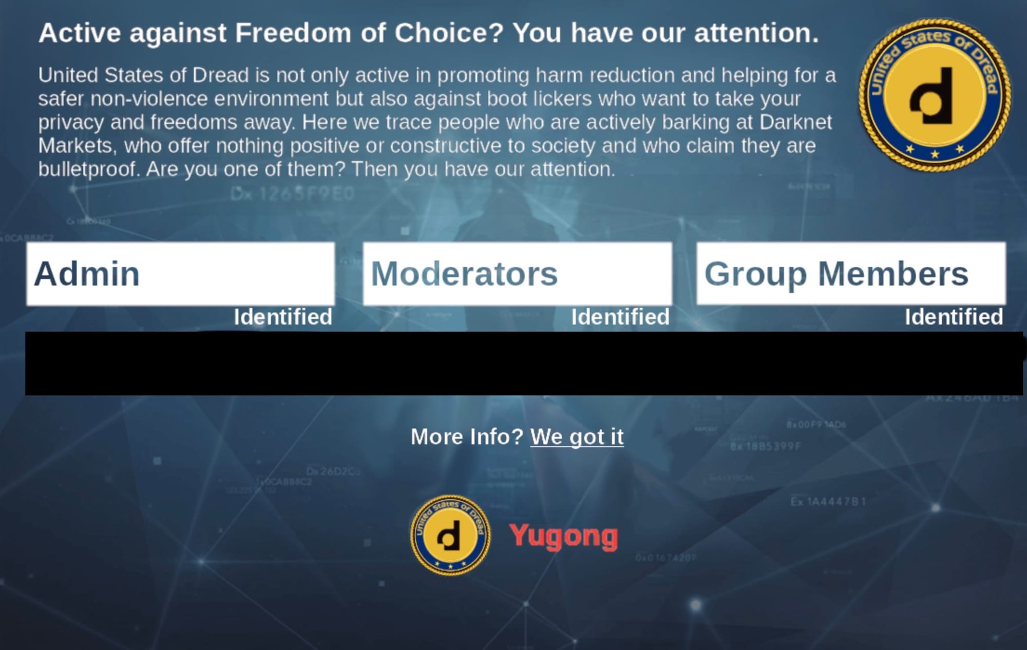 A redacted screenshot of the takedown notice, which originally contained user names and details of the web browsers use by the AntiDarkNet activists
