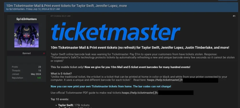 A view of Sp1d3rHunters’ first appearance on BreachForums in July 2024 (Image: ReliaQuest)&nbsp;