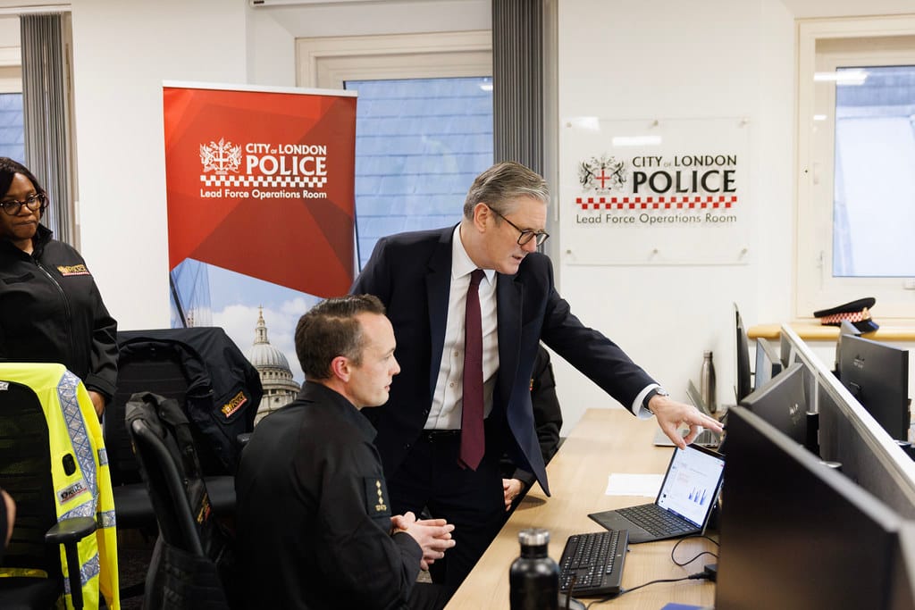 Prime Minister Keir Starmer visits the City of London Police Headquarters, where he pointed at a computer screen purposefully
