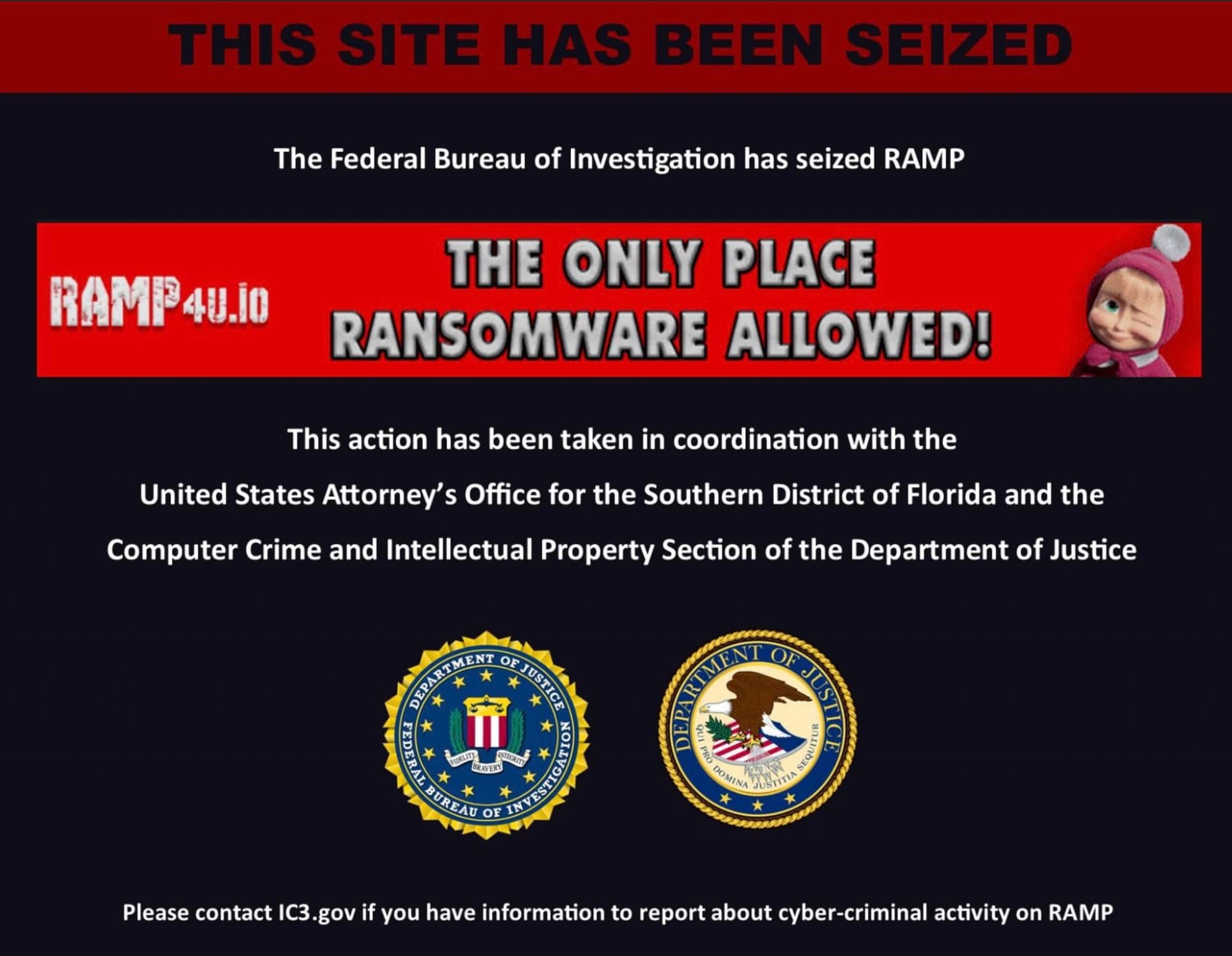 A screenshot of the FBI takedown notice posted to Ramp's clearnet and darknet sites