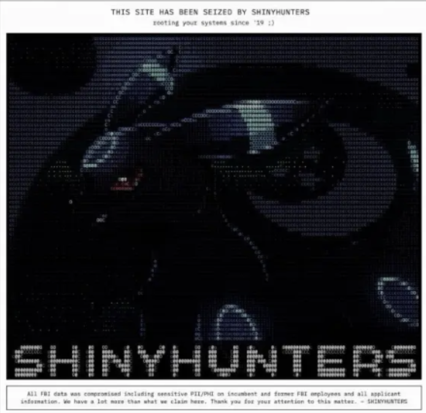 A screenshot shared by ShinyHunters showing its apparent defacement of the FBI jobs website