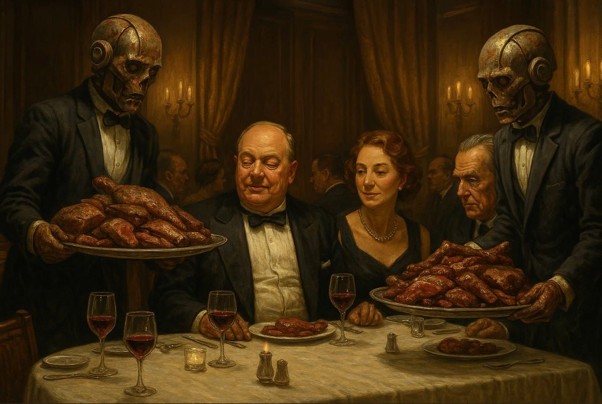 ChatGPT's vision of mistreated machines serving meat to their human overlords