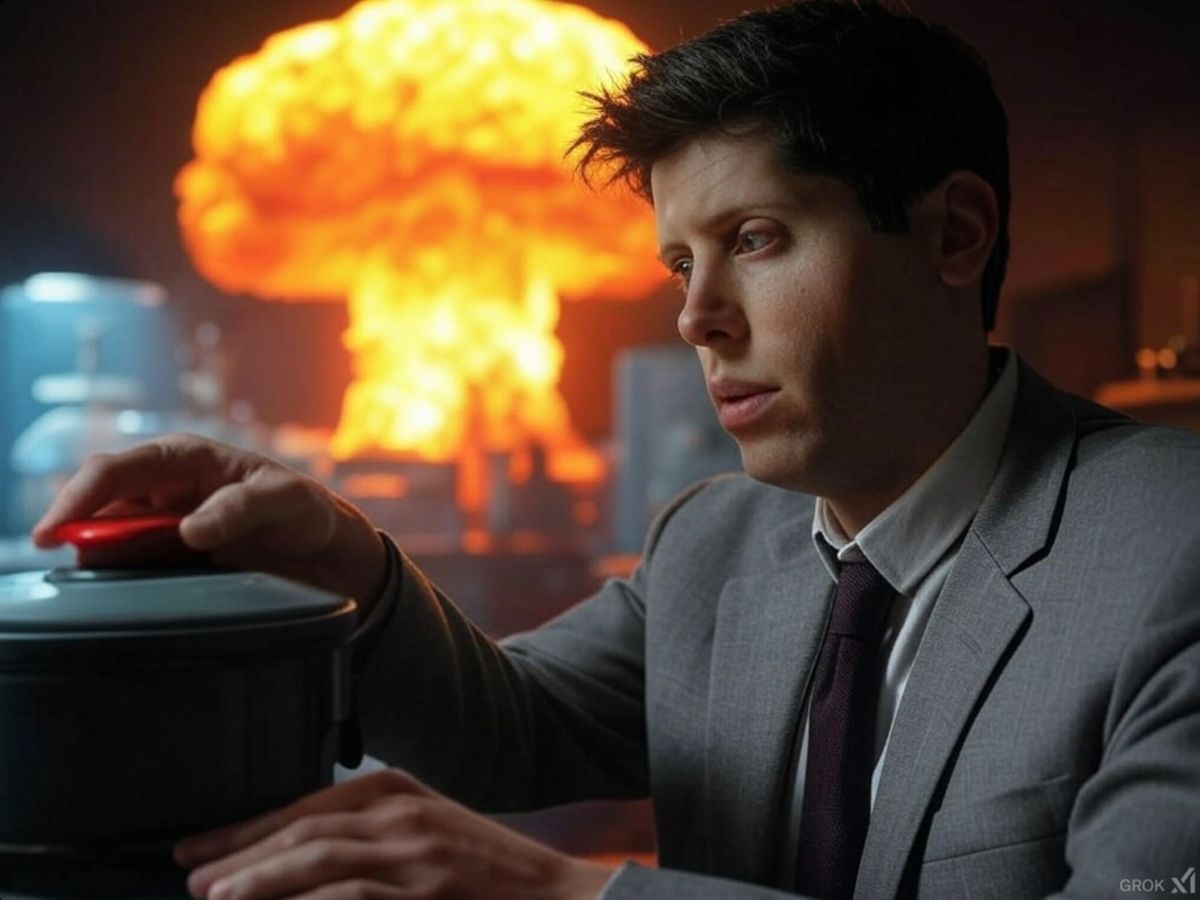 Grok's vision of Sam Altman pressing a big red button which may or may not have something to do with that big nuclear mushroom cloud behind him