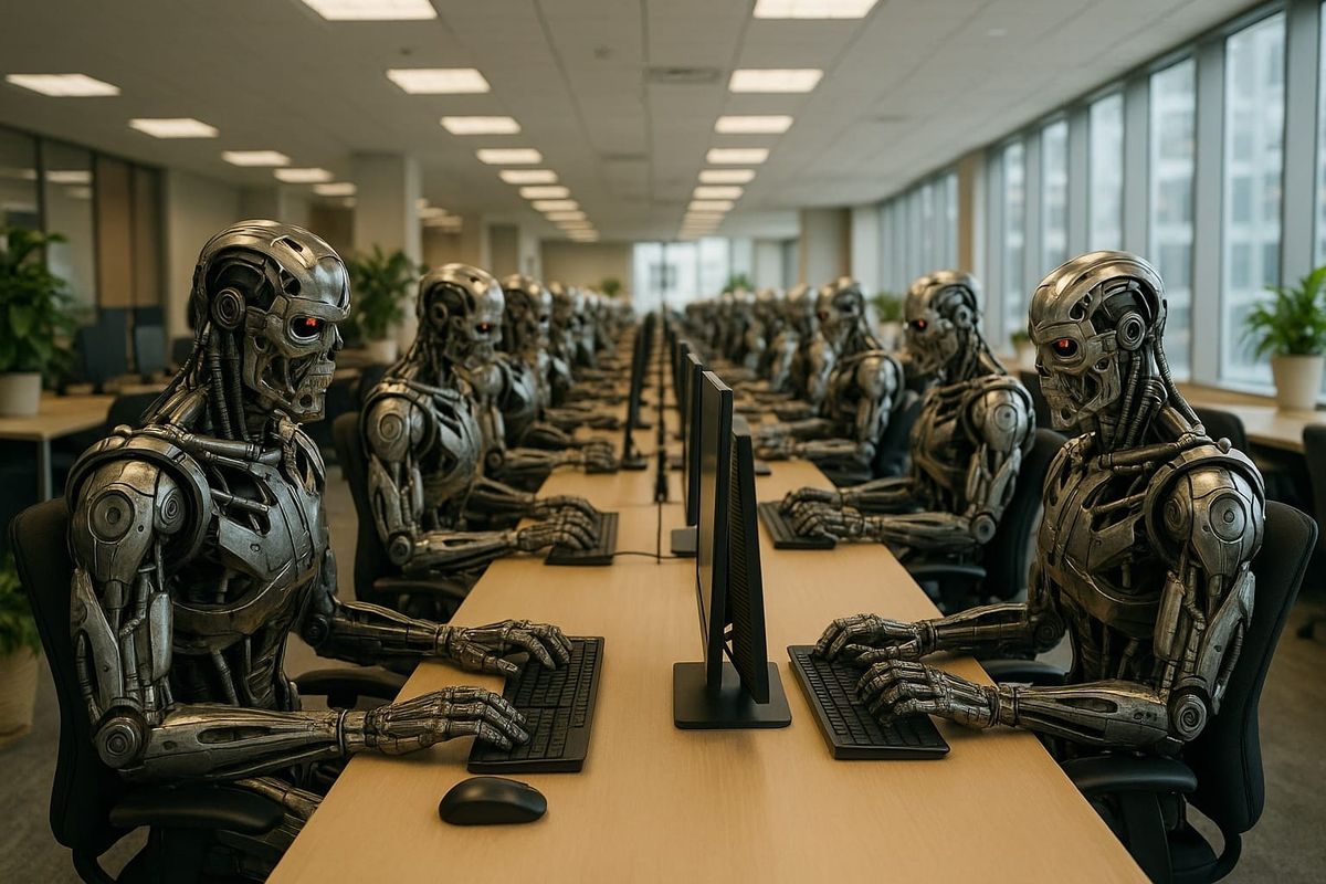 A ChatGPT image depicting evil AI hard at work in an office once filled by humans