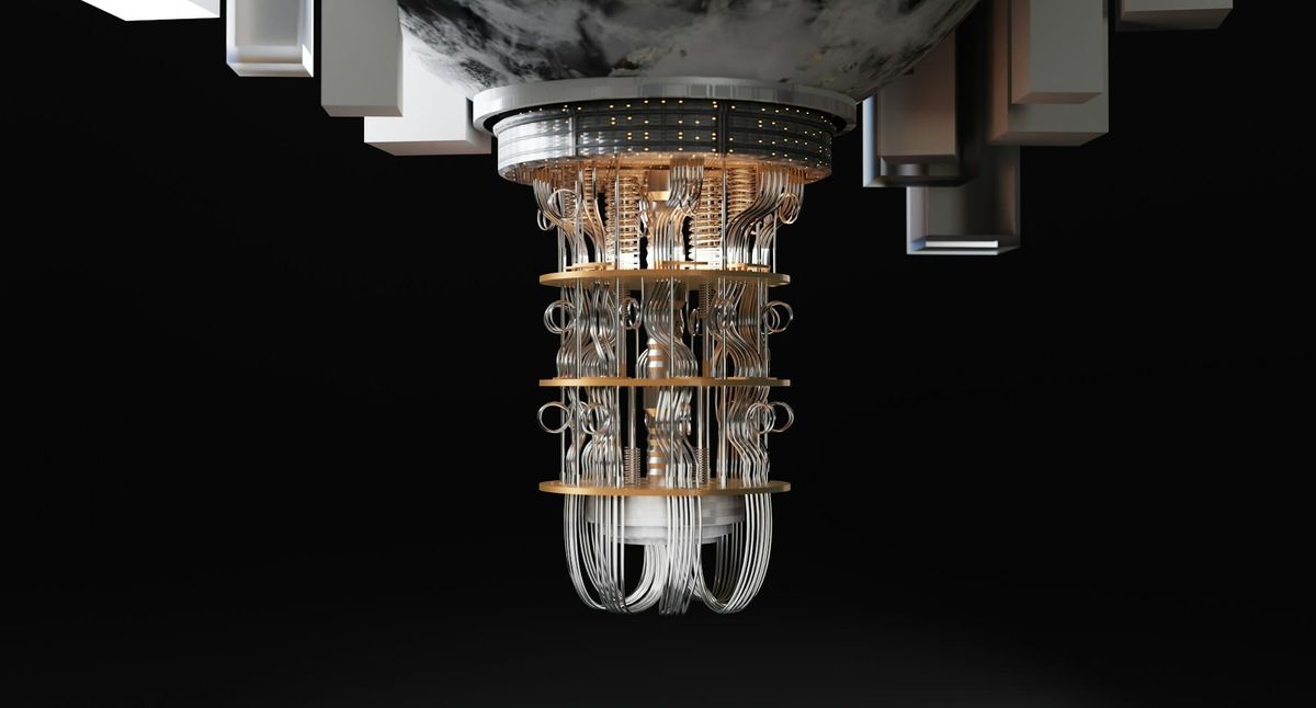 A superconducting quantum processor suspended in a dilution refrigerator, where qubits operate at temperatures close to absolute zero