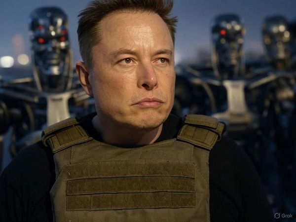 Grok's depiction of Elon Musk fighting killer robots in an apocalyptic nightware world