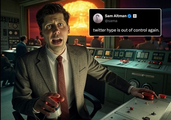 A ChatGPT depiction creatively imaginging AI doom with Sam Altman pressing a big red button